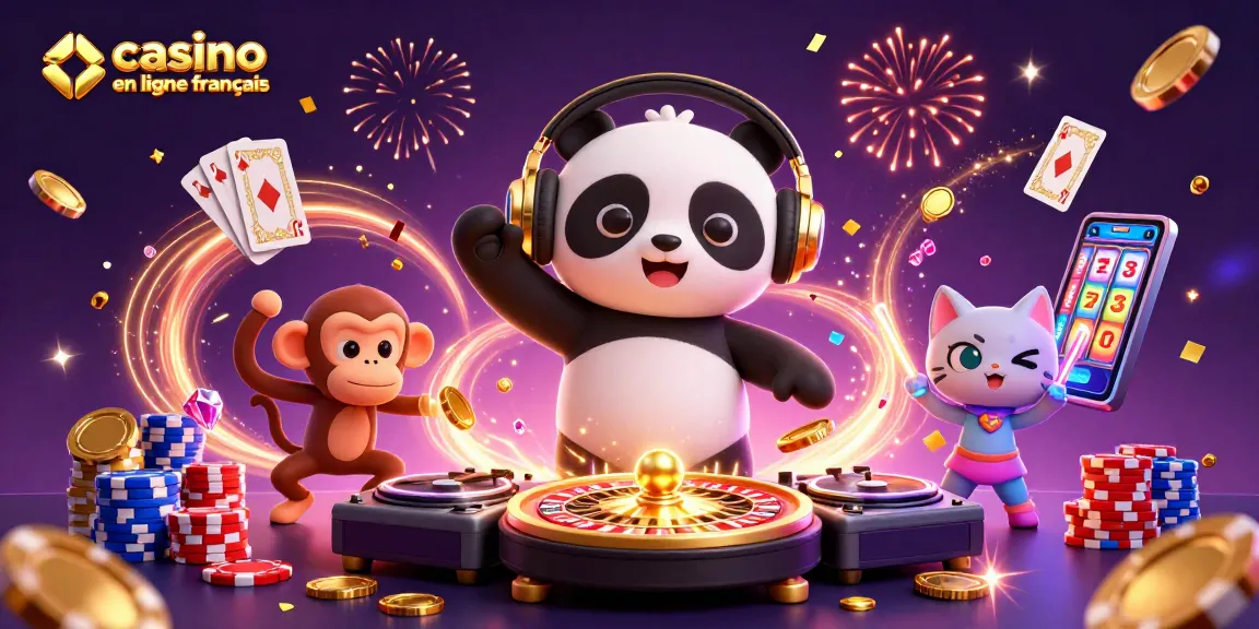 Illustration dynamique avec un DJ panda et un singe dansant pour un casino en ligne français.