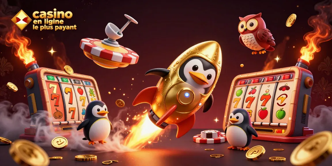 Visualisez le casino en ligne le plus payant avec un pingouin doré, des jetons et des éclats en or.