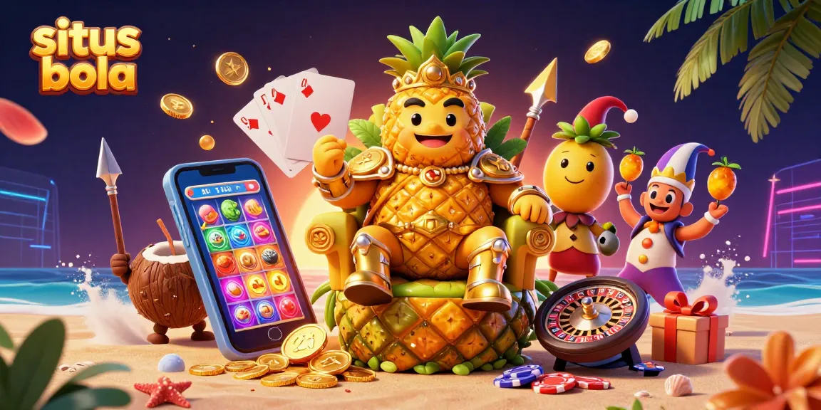 Situs bola showcases a vibrant beach casino scene with a pineapple king and game elements.