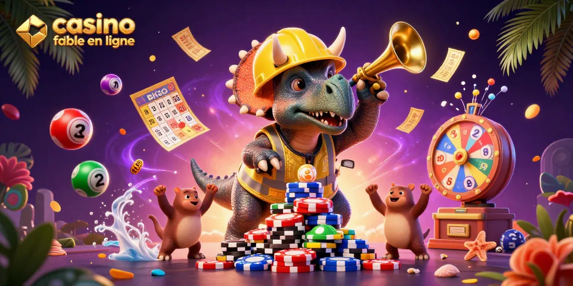 Illustration dynamique représentant un triceratops en casque de chantier et gilet de sécurité, construisant une pyramide de jetons de poker, symbolisant un casino fiable en ligne.