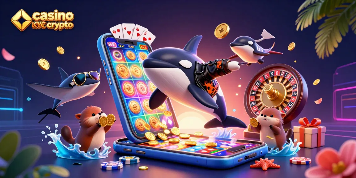 Profitez d'une illustration captivante du casino sans KYC crypto avec des personnages amusants et des éléments de jeu variés.