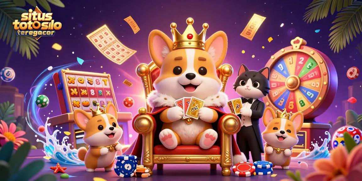 Experience the thrill of situs toto slot tergacor with a colorful scene of a crowned corgi on poker chips surrounded by vibrant game elements.