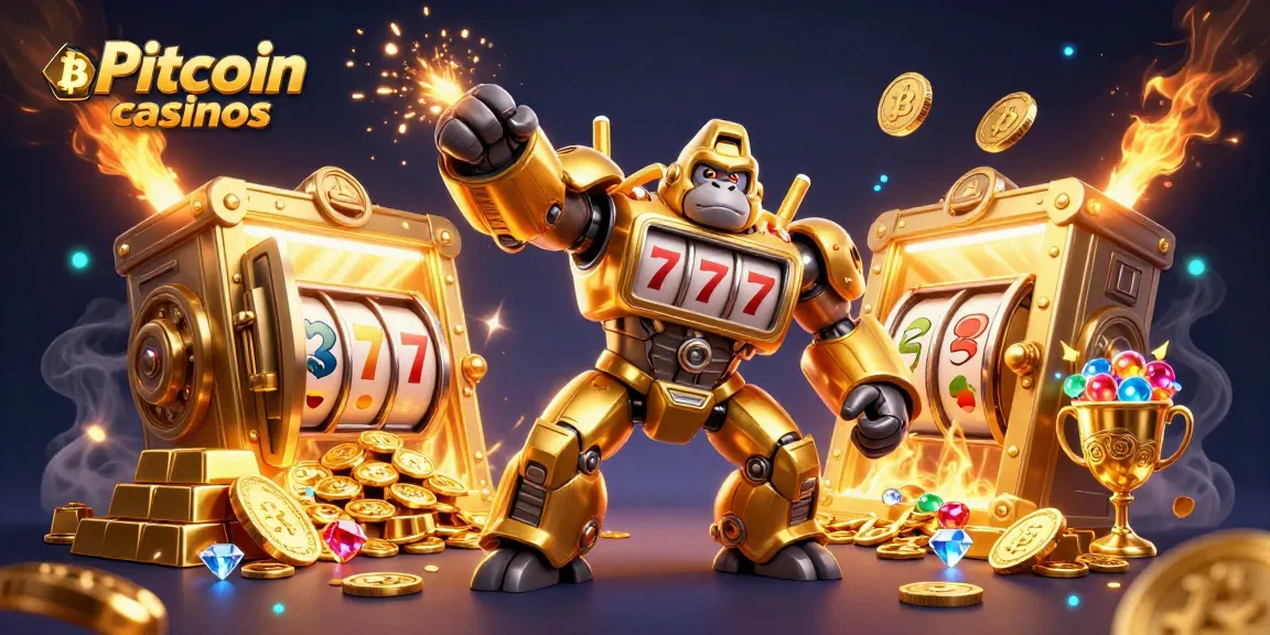 Explorez les Bitcoin casinos avec cette illustration captivante d'un gorille mech en or entouré de trésors et de jetons.