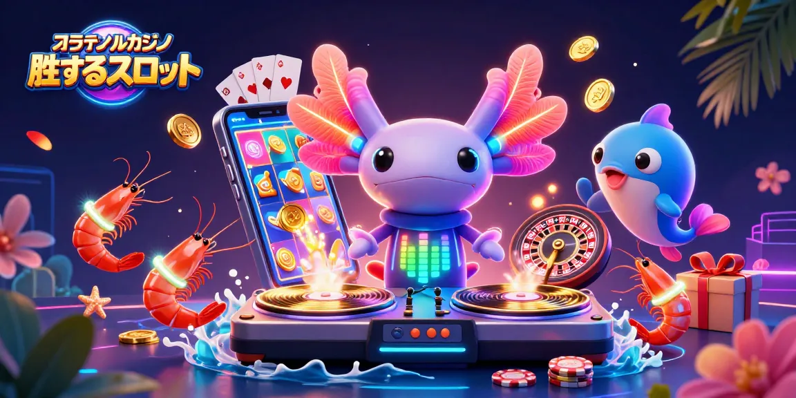 オンラインカジノ 勝てるスロットでスロットゲームを楽しむ3DアクソロトルDJのイラスト