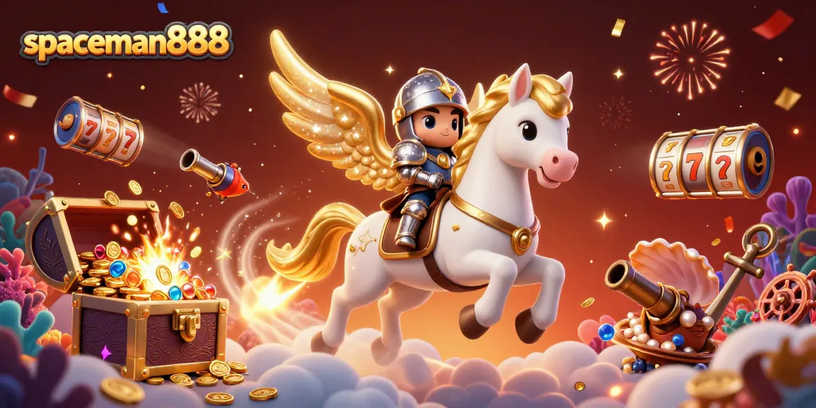 Win big at spaceman888 with a magical knight and a celestial steed amidst shimmering casino treasures.
